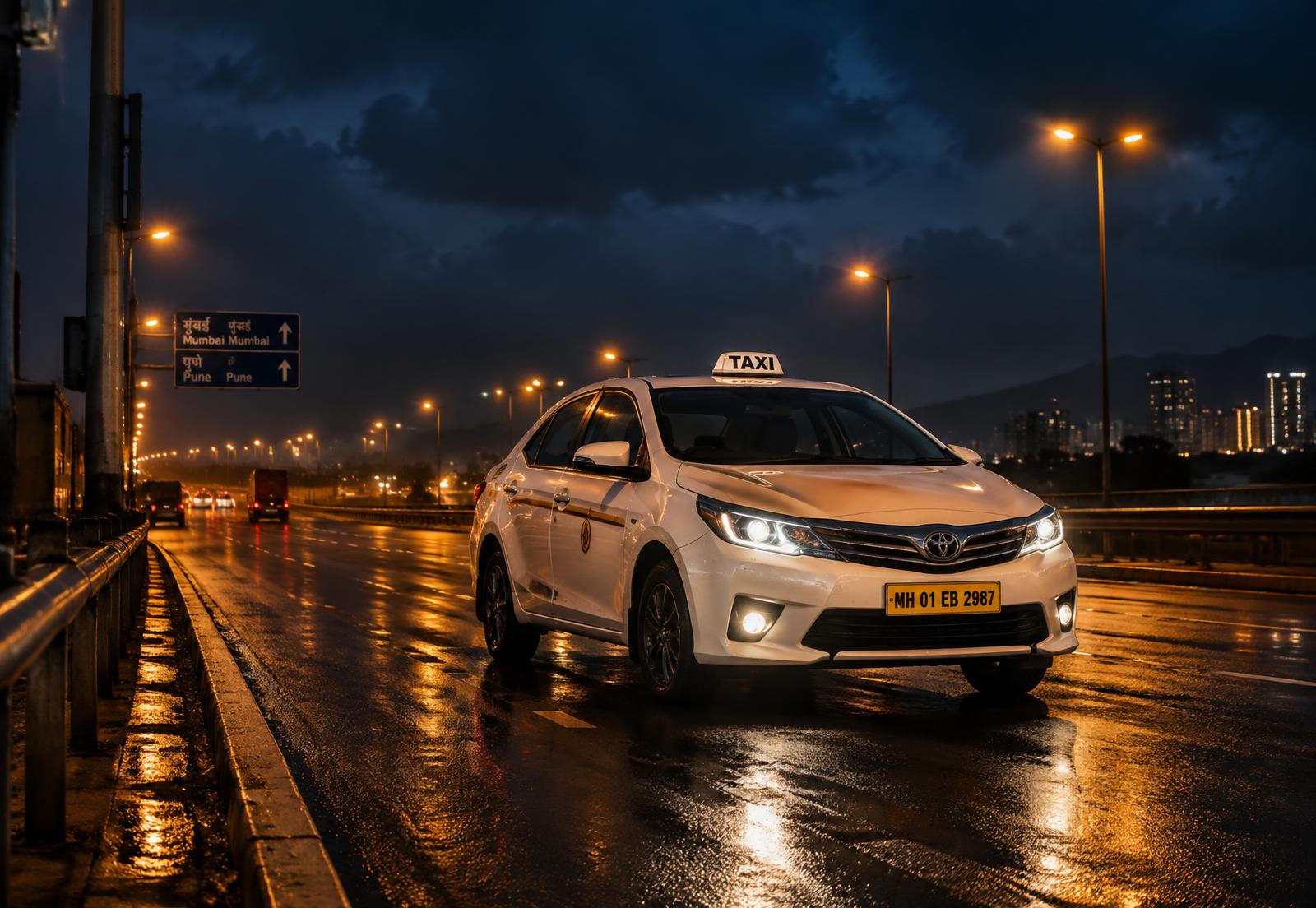 JMS Travels sedan on a Chhattisgarh highway at night